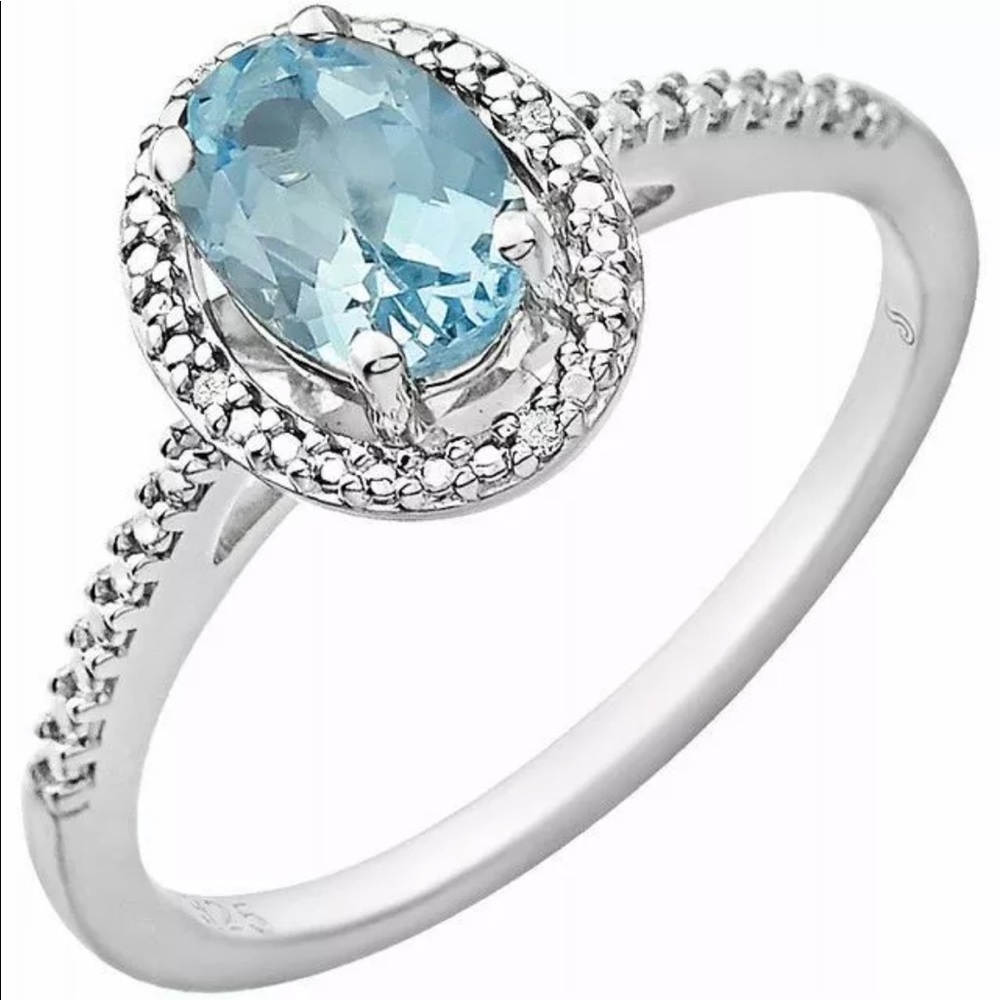 Blue Topaz and Diamond Halo Ring Sterling Silver